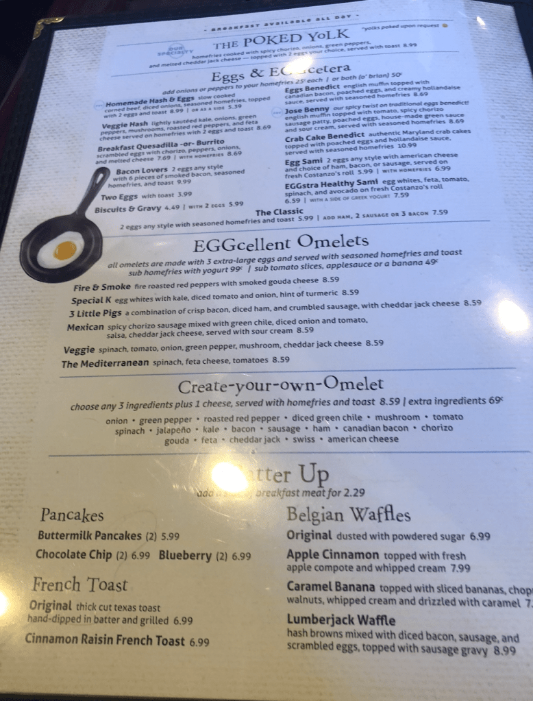 image description: a page of the egg options on the menu at the Poked Yolk.